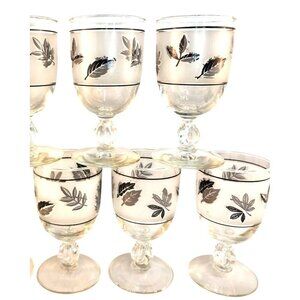 Libbey Frosted Silver Leaves Goblets Mint Condition Set Of 6 Vintage